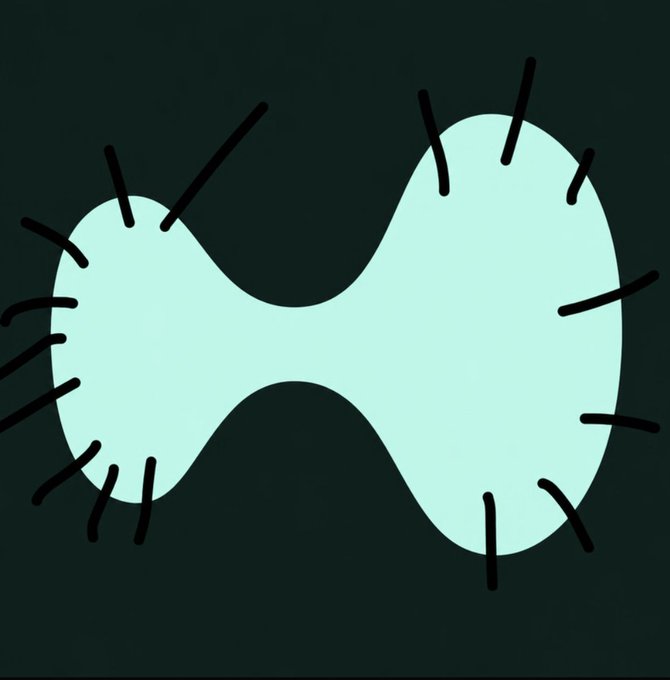 A digital drawing of a pale figure-eight or peanut shape with black lines radiating outward, visually representing the "testicle chain" mentioned in the post by linking two bulbous forms together.