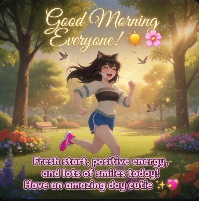 The image features a girl running on a lush green lawn with colorful flowers, surrounded by trees under a sunny sky. At the top of the image, there's text that reads "Good morning everyone! Good morning!", and at the bottom, an encouraging message includes phrases such as "Fresh start," "Positive energy!" and "Lots of smiles today!". The main action in the scene is the girl running, and her position on stage suggests she might be participating in a race for diamonds or some other competition.