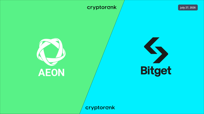 Promotional banner showing AEON listed on Bitget's Launchpool, dated July 27, 2026, featuring the AEON logo on a green background alongside the Bitget logo on a teal background. The image visually corresponds to the announcement that users can lock BGB or AEON tokens to share in AEON rewards from July 27 – August 1, 2026.