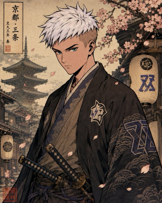 An anime-style illustration of a white-haired male character with green eyes wearing a dark kimono, standing before a traditional Japanese pagoda and cherry blossom trees, with Japanese text '京都・三条' visible.