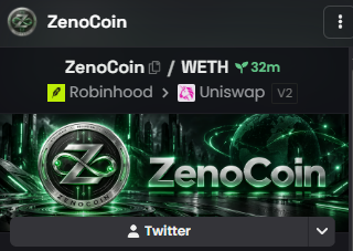 A cryptocurrency tracker screen for "ZenoCoin" (ZenoCoin / WETH) showing a 32m change, available on Robinhood and Uniswap V2, with a Twitter link.