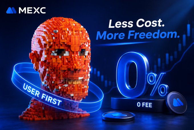 A promotional advertisement for MEXC exchange featuring a red voxel-style 3D head with text reading 'Less Cost. More Freedom.', 'USER FIRST', and '0% 0 FEE'.