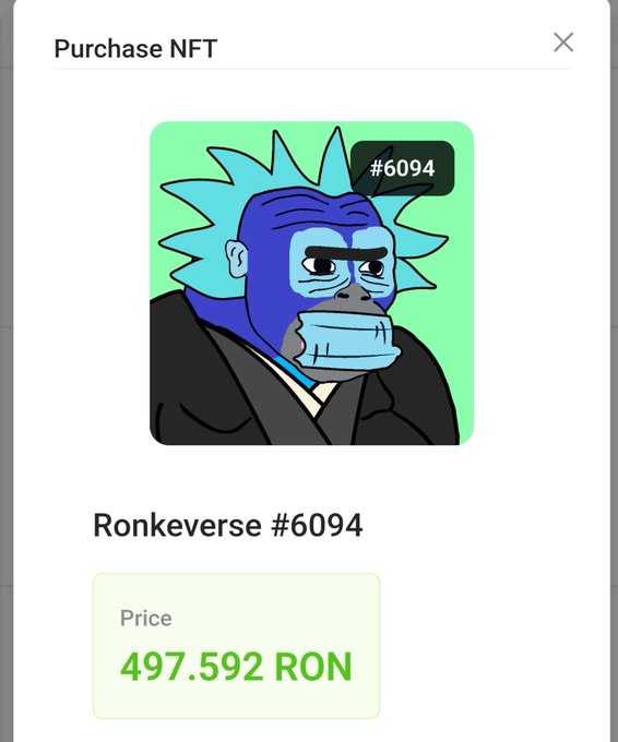 An NFT purchase screen displays 'Ronkeverse #6094', a cartoon ape character, priced at 497.592 RON.