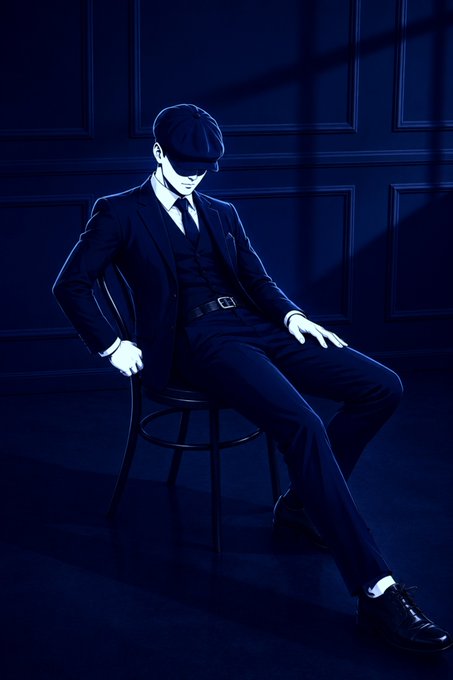 A stylized blue-toned illustration of a man in a suit and cap sitting on a stool in a dimly lit room.