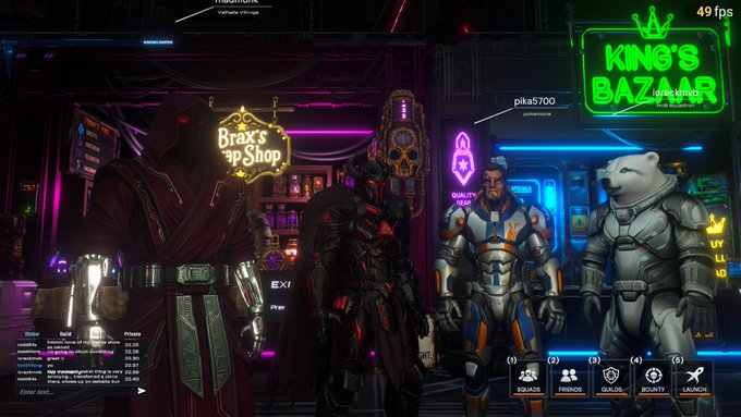 A video game lobby screen showing characters standing in 'Brax's Tap Shop' and 'KING'S BAZAAR' with neon signage, displaying chat, player stats, and navigation buttons for Squads, Friends, Guilds, Bounty, and Launch.