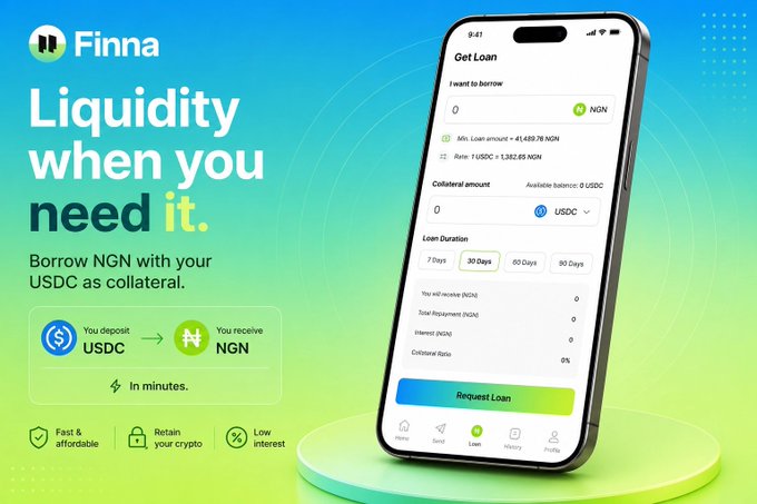 A promotional advertisement for 'Finna' featuring a smartphone displaying a 'Get Loan' interface for borrowing NGN with USDC collateral, with text reading 'Liquidity when you need it. Borrow NGN with your USDC as collateral. In minutes.' and 'Fast & affordable, Retain your crypto, Low interest.'