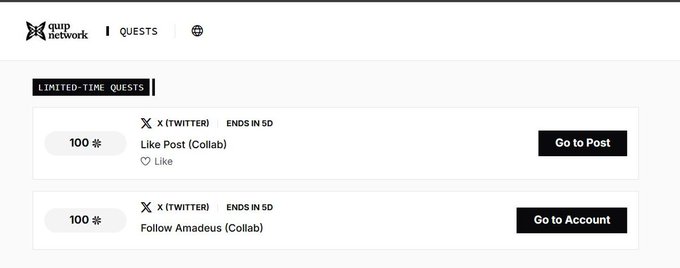 Screenshot of Quip Network's 'QUESTS' page displaying limited-time quests on X (Twitter), including 'Like Post (Collab)' worth 100 points and 'Follow Amadeus (Collab)' worth 100 points, with 'Ends in 5D' countdown.