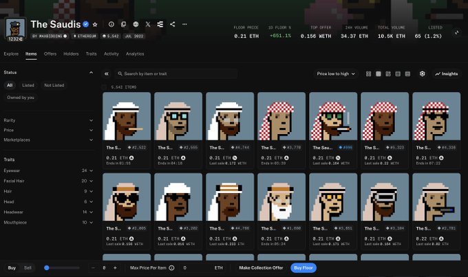 The Saudis NFT collection page on a marketplace showing 9,542 pixel-art items, with a floor price of 0.21 ETH and a total volume of 34.37 ETH.