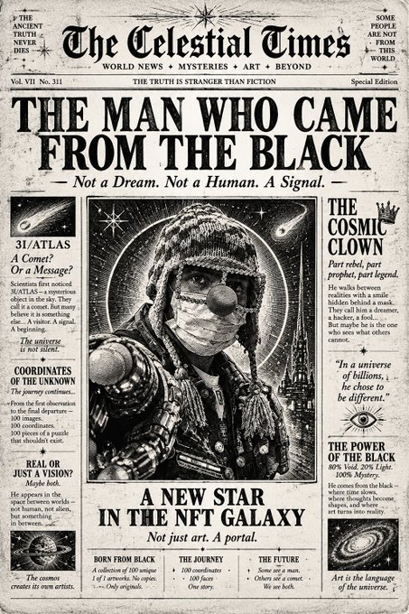 A vintage-style newspaper titled 'The Celestial Times' features the headline 'THE MAN WHO CAME FROM THE BLACK' and 'A NEW STAR IN THE NFT GALAXY', with subheadings like 'THE COSMIC CLOWN' and 'THE POWER OF THE BLACK'.