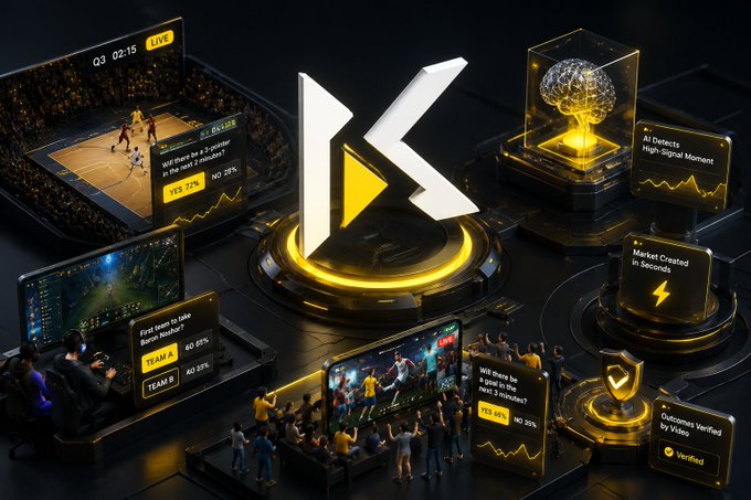 A futuristic promotional graphic centered on the K (likely Kalshi) logo surrounded by holographic displays showing live sports betting, esports, AI detection of high-signal moments, and market crashes.