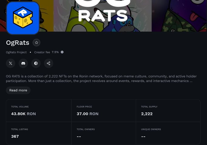 The image features a webpage with information about "OGRATTS". The text appears to be related to a gaming community or a platform promoting rat art, but there are no clear details visible on the screen. The focus of the content seems more aligned with gaming interests rather than rat art or rat-related events. However, considering that the post says "Less than a month old 2,222 rats Completely free mint Over 43k RON in trading volume No big treasure, no investors, no paid marketing Just art, memes, events, and a community that keeps showing up every day Couldn't have asked for a better start", it is possible that the image or its contents are related to rat gaming or rat-related content being posted.