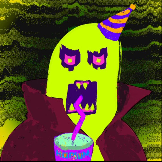 A neon-green cartoon monster with a party hat and fangs sips a cup labeled "KODUR" through a straw, rendered in a gritty, psychedelic style. The eerie, costumed creature aligns with the post's teaser of a surprising, "crazy" upcoming launch, evoking a sense of mysterious anticipation.