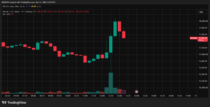 A TradingView candlestick chart shows Bitcoin (BTCUSD) price action with the title indicating the chart was created on September 11, 2024, displaying price levels around 77,400 USD.