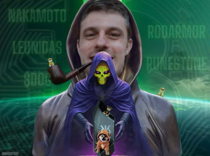 A hooded figure wearing a skull mask and smoking a pipe holds a coffin with a small DOG character, set against a green tech-themed background featuring names like "NAKAMOTO," "LEONIDAS," "$DOG," "RODARMOR," and "RUNESTONE." The image ties into the "$dog" reference by prominently displaying the $DOG ticker and featuring the meme character central to the cryptocurrency community.