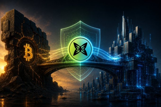 The image depicts a glowing quantum shield bridging a rugged Bitcoin fortress and a futuristic digital cityscape, symbolizing secure technological advancement. A central emblem featuring a butterfly-like logo represents @quipnetwork, illustrating how the platform bridges traditional crypto barriers with accessible, next-generation quantum security for everyday users.
