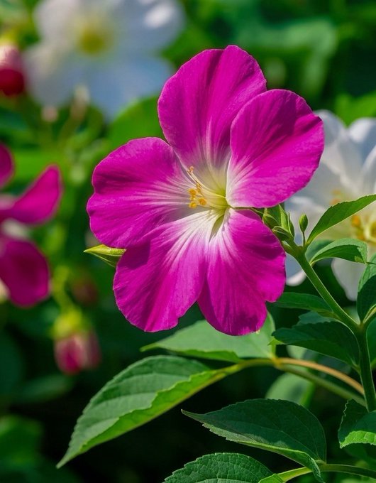 The image features a flower with three petals, one of which has a yellow center surrounded by a purple outline. The flower is set against a blurred background filled with other flowers and plants. The caption reads "Good morning CT @perx_trade currently generates some of the highest activity across the nomisma ecosystem. Lots of sunshine today @NomismaNetwork Super Bullish @useTria".