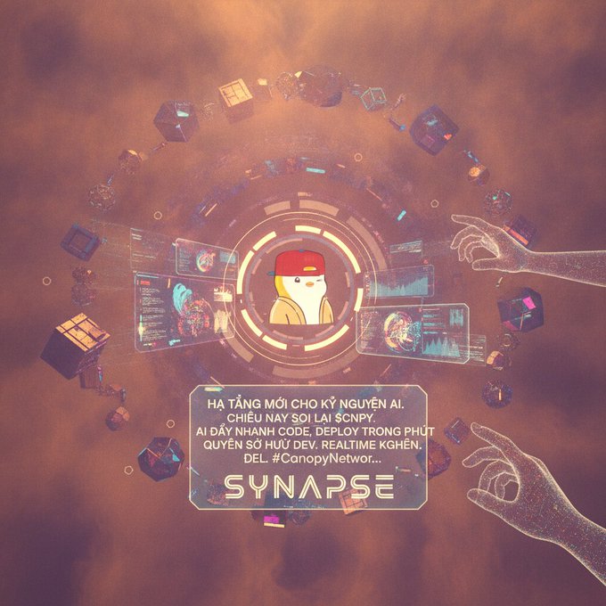 Cyberpunk-style promotional graphic for Synapse (CanopyNetwork) featuring an AI mascot in a futuristic cockpit, advertising new asset launches in the AI era with 'Deploy in seconds' messaging in Vietnamese.