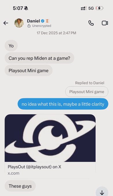 Screenshot of a direct message conversation with user 'Daniel' discussing 'Playsout Mini game' and a link to PlaysOut (@itplaysout) on X.