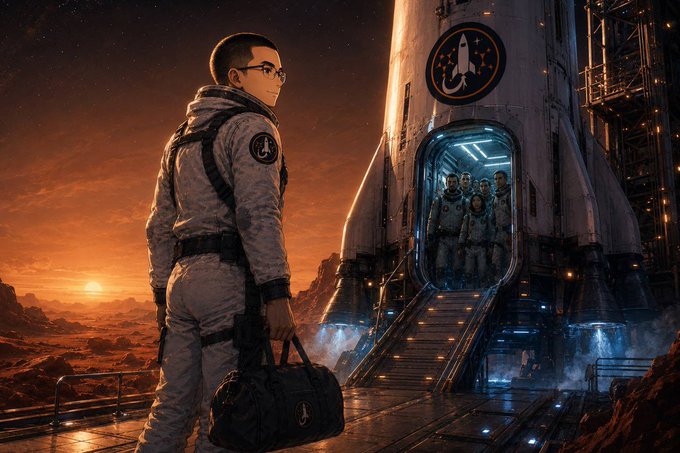 A young boy in a spacesuit carrying a duffel bag gazes up at a rocket emblazoned with a rocket emblem, as a crew of astronauts waves from the illuminated boarding ramp against a dramatic sunset over a rocky alien landscape—capturing the aspirational spirit of "Let's Fly to the Sky."