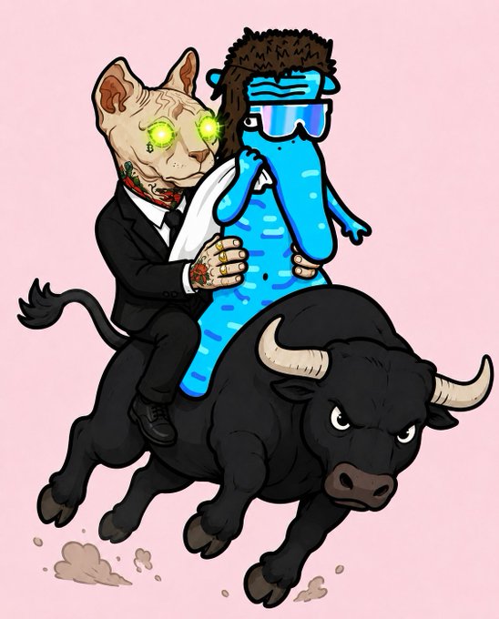 A cartoon scene shows a tattooed sphynx cat in a suit with glowing green eyes hugging a sunglasses-wearing blue worm-like creature, both riding a charging black bull—playfully mirroring the post's message about holding the line on $SOLA alongside fellow "bagholders."
