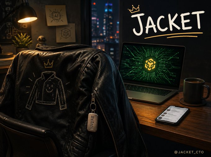 A moody, atmospheric image of a black leather jacket with a crowned jacket graphic on the back, draped over a chair next to a laptop displaying a circuit board logo, with the word "JACKET" and "@JACKET_CTO" visible.