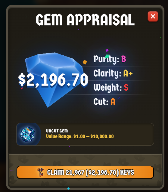 A 'GEM APPRAISAL' screen shows a blue gem valued at $2,196.70 with stats Purity: B, Clarity: A+, Weight: S, Cut: A, offering to claim 21,967 KEYS.