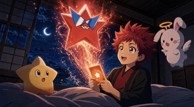 A young boy with red spiky hair in a dark kimono holds up a glowing card while a star-shaped creature materializes from it, accompanied by a star and white rabbit-like creatures with halos, in a nighttime scene reminiscent of an anime card-battling series. The image ties into the giveaway promotion by depicting the type of trading cards being offered, though no wallet addresses, text, or identifying information are visible in the artwork itself.