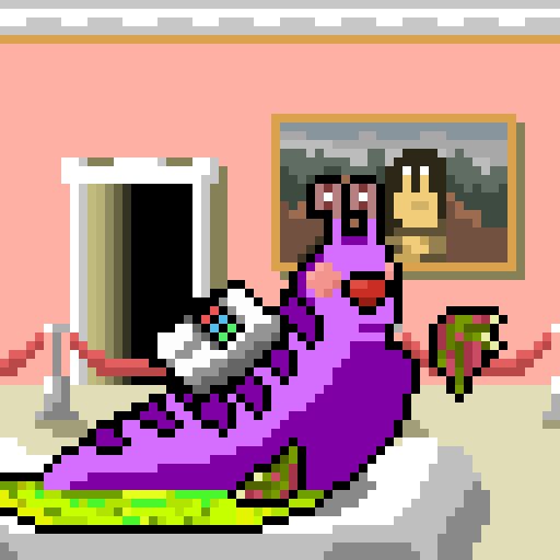 Pixel art of a purple dinosaur-like character reclining while playing a video game controller, with another character visible in a framed picture on the wall behind.