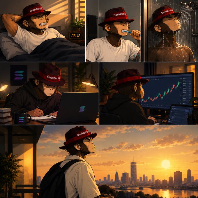 A multi-panel illustration depicts a monkey character wearing a "DawidDoge" branded hat, going through a daily routine of waking up at 6:12, brushing teeth, showering, working/studying at a Solana-themed laptop, trading on a multi-monitor setup, and finally watching a city sunset.