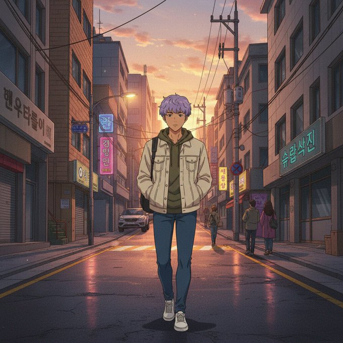 An anime-style illustration depicts a young man with purple hair walking down a city street at sunset, surrounded by buildings with Korean signage.