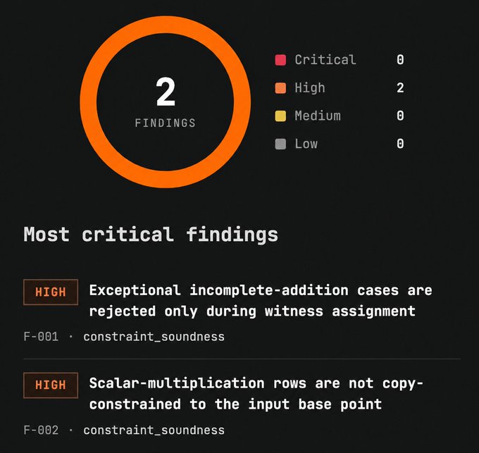 The image shows a pie chart or radar graph with two sections. One section displays most critical findings, which are high, exceptional incomplete addition cases that are rejected only during witnesses' assignments (F-891), while the other section focuses on years-old vulnerabilities such as the one in the image (ZEC down 40% & $116M liquidated in 24 hours).