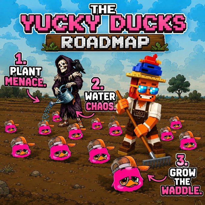 This image visualizes "The Yucky Ducks Roadmap" with steps titled "Plant Menace," "Water Chaos," and "Grow The Waddle." The accompanying post congratulates winners of a #BehindTheBuild meme contest, including @rajib__web3, @AvaaNCX, and @TNP_NFT.
