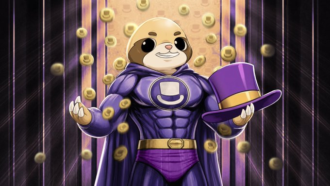 A cartoon sloth in a superhero costume, featuring a circle with a top hat logo, is surrounded by falling gold coins and holds a top hat in his hand, referencing @brian_armstrong's username.
