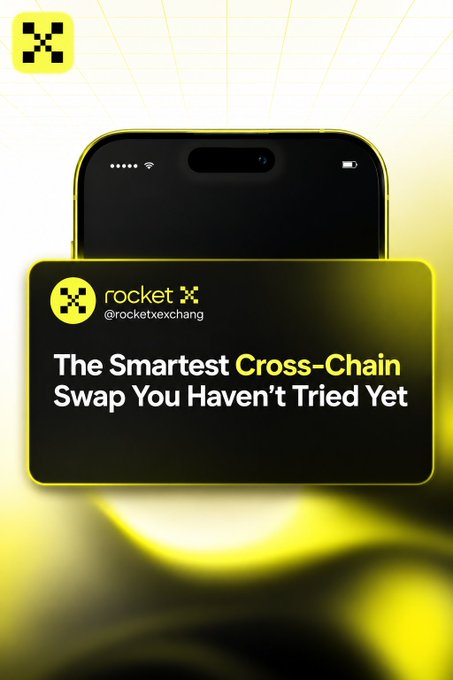 Mobile app advertisement for 'Rocket X' (@rocketxexchang) promoting itself as 'The Smartest Cross-Chain Swap You Haven't Tried Yet,' displayed on a smartphone screen with yellow and black branding.