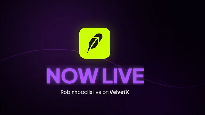 A promotional graphic with a neon green pen icon and text reading 'NOW LIVE - Robinhood is live on VelvetX' on a dark purple background.