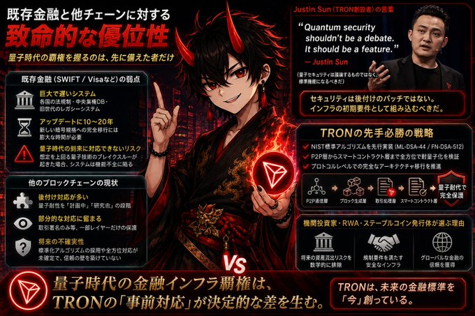 Japanese promotional graphic for TRON featuring an anime-style character with red horns and a quote from Justin Sun stating "Quantum security shouldn't be a debate. It should be a feature," highlighting advantages over existing financial and blockchain systems.