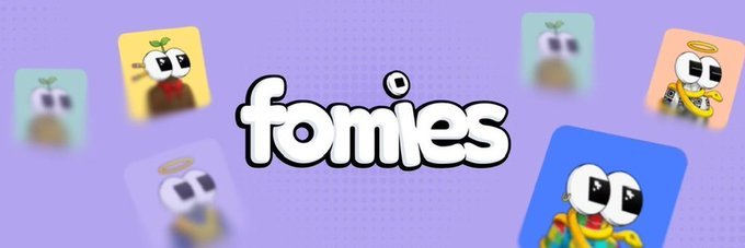 The 'fomies' logo is displayed in white bubble letters on a purple background, surrounded by cartoon character app icons with googly eyes, halos, and sprouts.