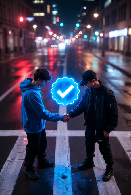 Two young men in hooded jackets shake hands on a city crosswalk at night, with a glowing blue checkmark badge floating between them against a backdrop of colorful neon street lights.
