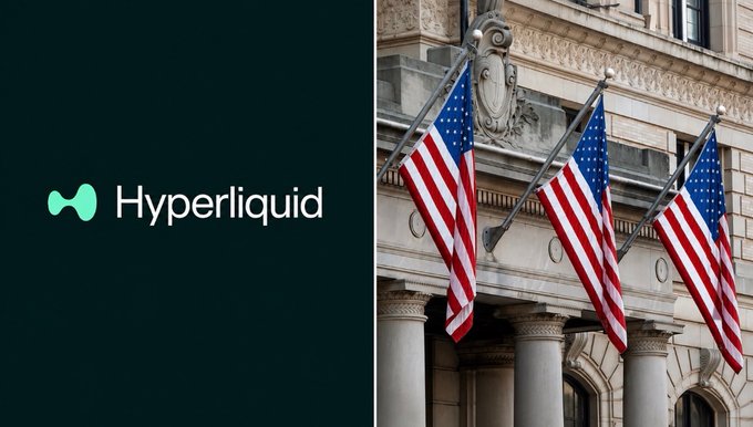 The Hyperliquid logo appears alongside American flags displayed on a classical stone building, visually representing the decentralized exchange's reported talks with Payward (Kraken's parent company) to secure a regulated entry into the U.S. market.
