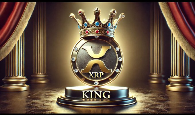 The image features a golden crown with a "King" written on it, surrounded by columns and a curtain. The background of the image is dark brown, which contrasts with the gold elements. The caption below the image reads "HOLY COW.. SHOCKING NEWS FOR XRP.. YA'LL WILL BE VERY HAPPY.. DON'T ASK ME HOW AND WHY.. JUST WAIT." This suggests that there might be some surprising or unexpected news related to Bitcoin and cryptocurrency, possibly involving a new development in the world of digital currency.