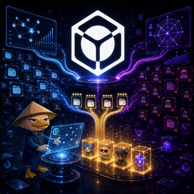 A digital illustration featuring an anthropomorphic duck in traditional Asian attire operating a holographic interface, with floating NFT cubes and a large glowing hexagon logo in the background.