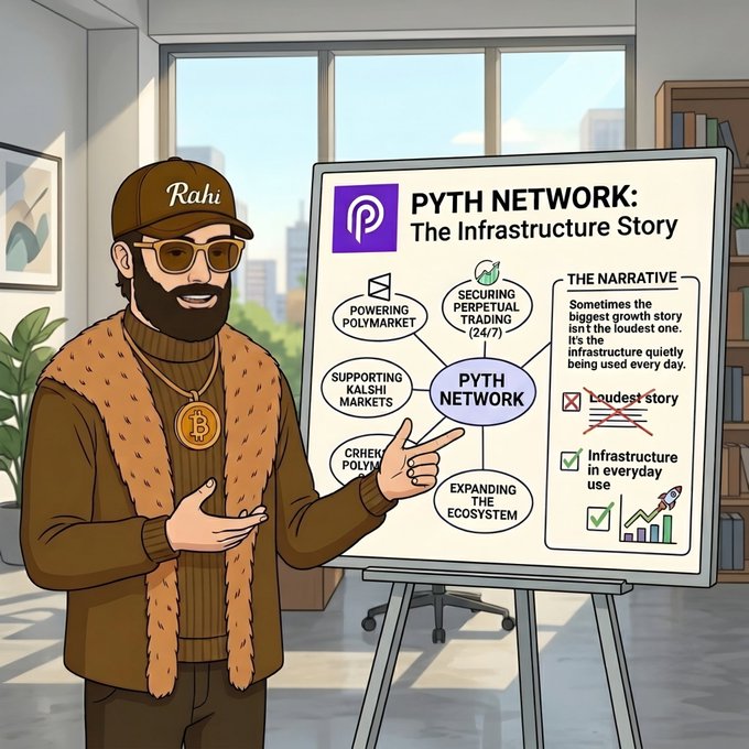 The image features a man wearing sunglasses, a brown sweater, and a hat standing next to a whiteboard with information about cryptocurrency. The caption of the image reads "Crypto Twitter ➪ What is the next big narrative? Meanwhile @PythNetwork : ➤ Powering Polymarket ➤ Supporting Kalshi markets ➤ Helping secure 24/7 perpetual trading ➤ Expanding across the ecosystem Sometimes the biggest growth story is not the loudest one it's the quiet ones.
