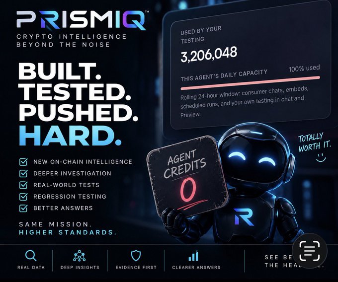 An advertisement for PRISM IQ displaying 'CRYPTO INTELLIGENCE BEYOND THE NOISE' and 'BUILT. TESTED. PUSHED. HARD.' alongside a robot character holding a sign reading 'AGENT CREDITS 0', with testing usage statistics shown.