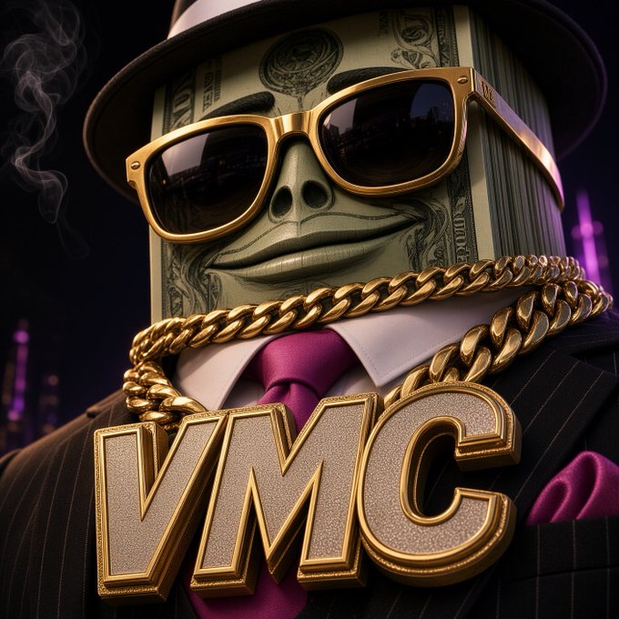 A 3D-rendered character made of a stack of dollar bills wearing gold sunglasses, a black suit, a pink tie, and large gold chains, with 'MC' spelled out in diamond letters in the foreground.