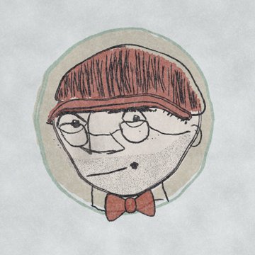 A hand-drawn cartoon portrait of a man with brown hair, glasses, and a red bow tie with a sad expression.