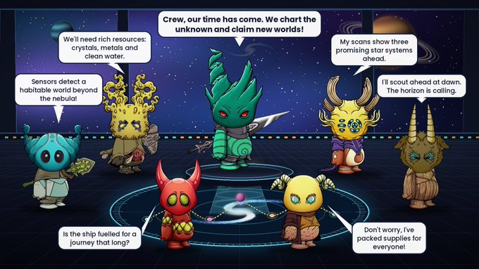 A comic-style illustration shows various fantasy alien characters planning an interstellar voyage, with speech bubbles discussing resources, navigation, fuel, and supplies for charting unknown worlds.