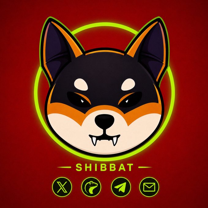 A digital illustration of a stylized Shiba Inu dog face with fangs inside a glowing green circle on a red background, with the text 'SHIBBAT' and four social media icons below.