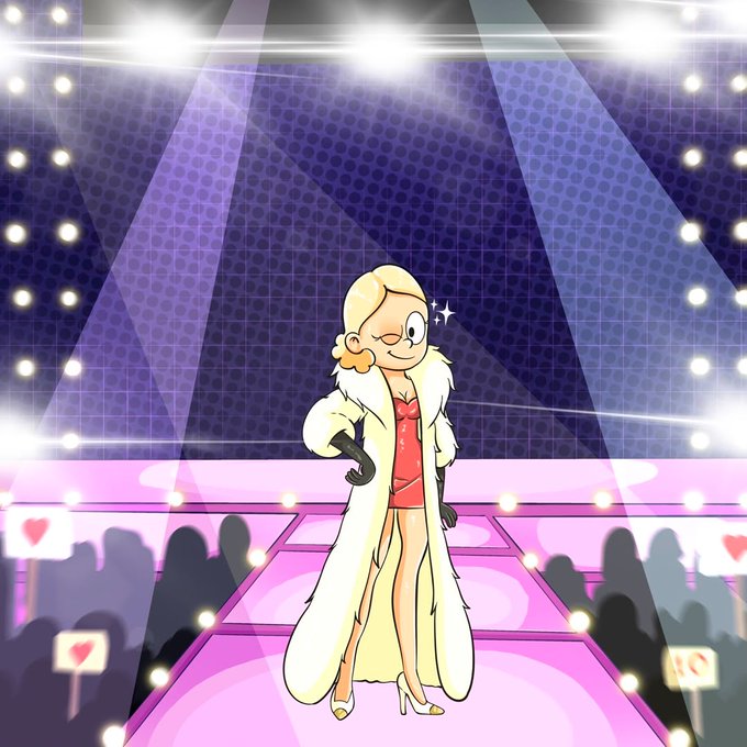 A fashionable blonde model wearing a red dress and white fur coat confidently struts down a pink runway under bright spotlights, mirroring the glamorous NFT "H00dModels" mint collection being teased in the post. The image's sleek, high-fashion aesthetic visually represents the upcoming drop of 3,500 stylish digital collectibles launching in under 24 hours at h00dpad.xyz.