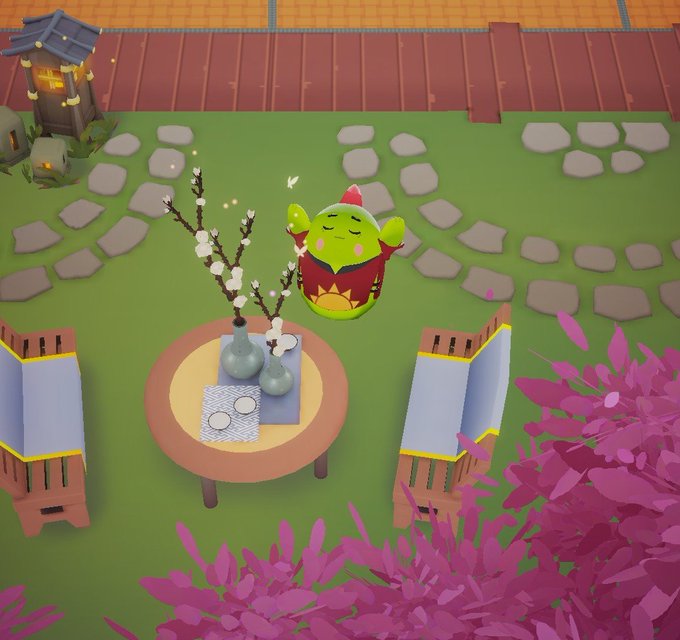 A cute green mascot character with closed eyes and a cherry on its head rests peacefully on the grass in a cozy garden setting, visually representing the concept of sleep and rest in a charming, inviting way.