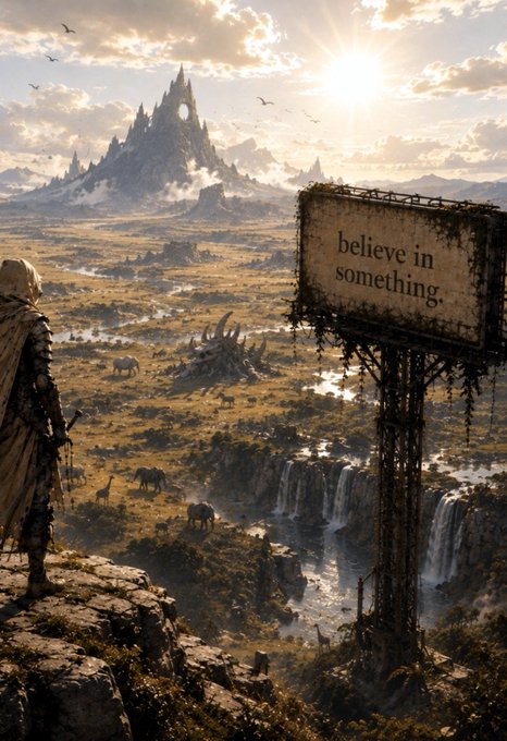 A fantasy landscape shows a warrior on a cliff overlooking waterfalls and ruins, with a billboard reading 'believe in something.' and a mountain in the distance.